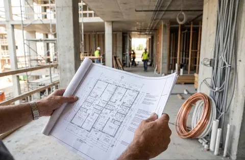 Ingeniero revisando planos de instalación de gas en obra negra